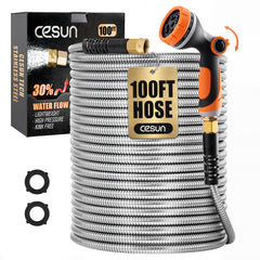 Cesun 100 ft Metal Garden Hose front view with silver finish
