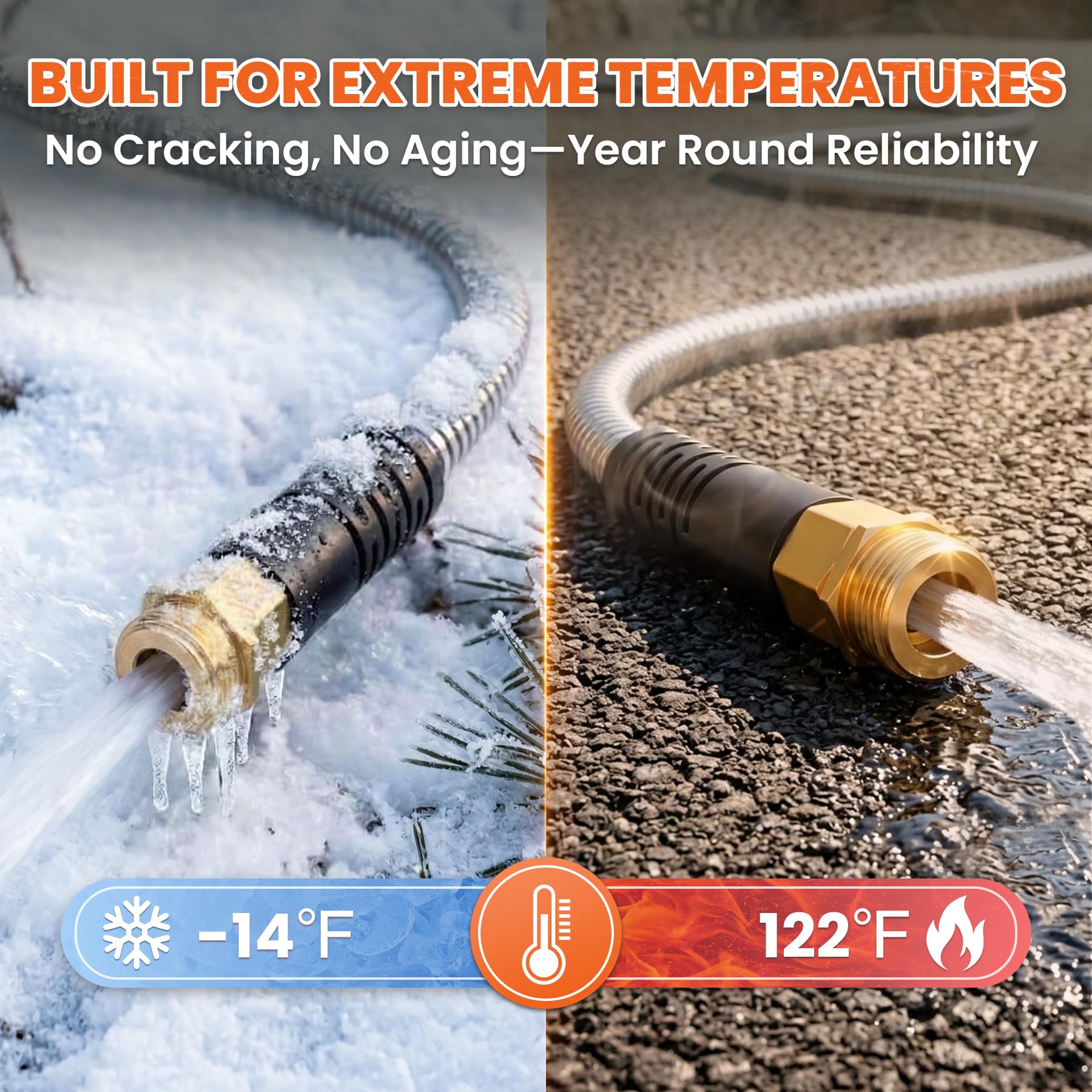 Cesun 100 ft Metal Garden Hose showcasing flexibility around obstacles