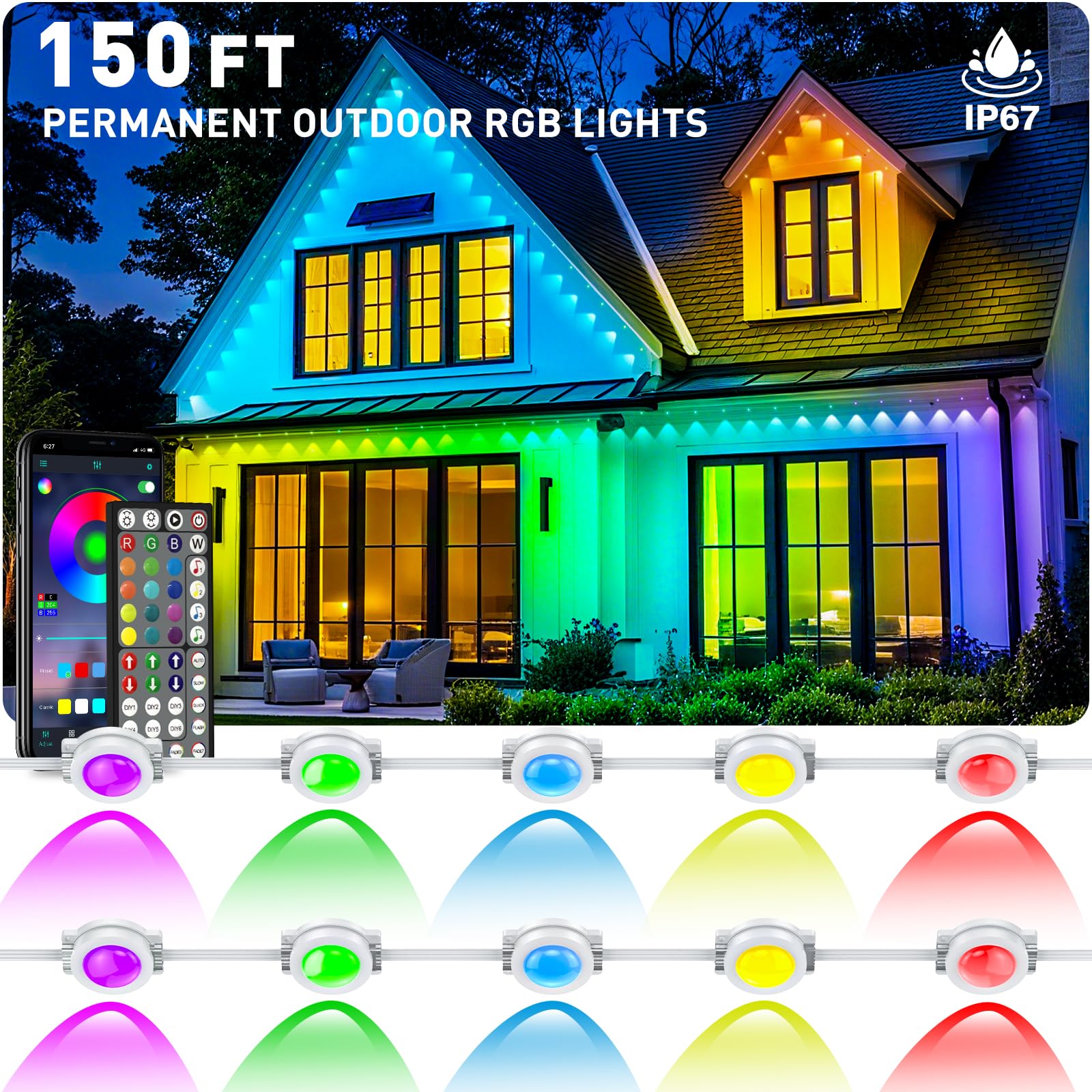 CETELUMA 150FT RGB Outdoor String Lights with Remote Control