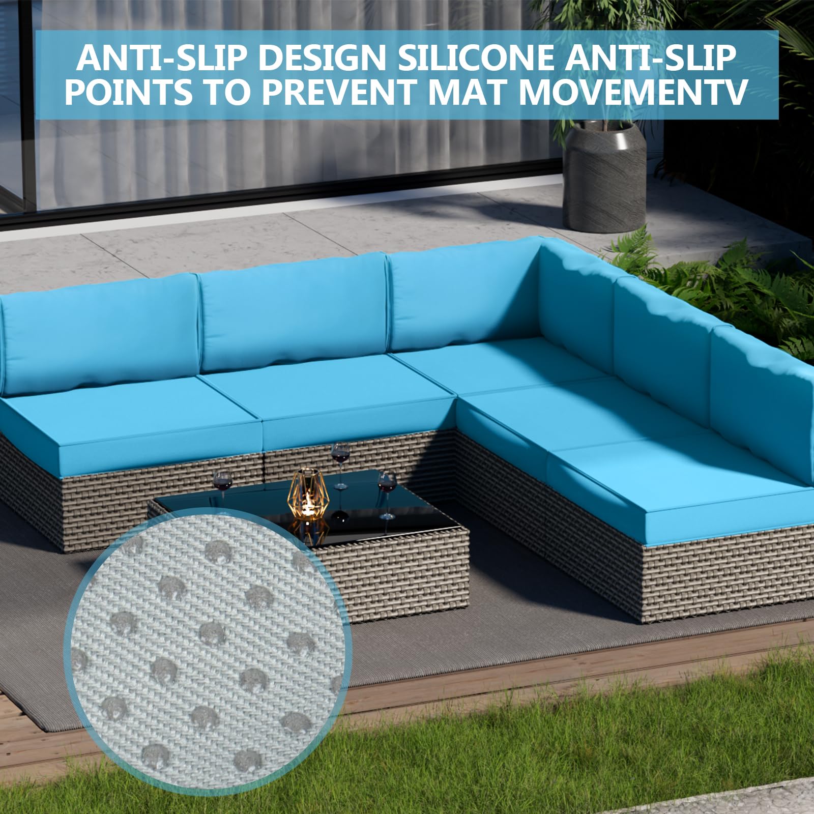 Cethytirko outdoor cushion covers in lake blue on sectional sofa