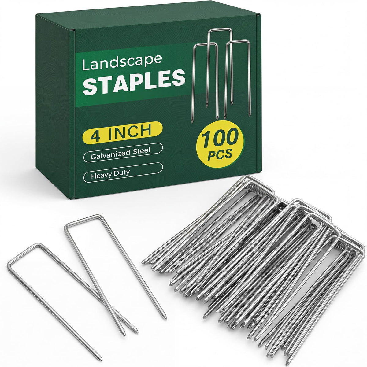 CEWOR 100 Pack Landscape Staples 4 Inch galvanized steel stakes front view