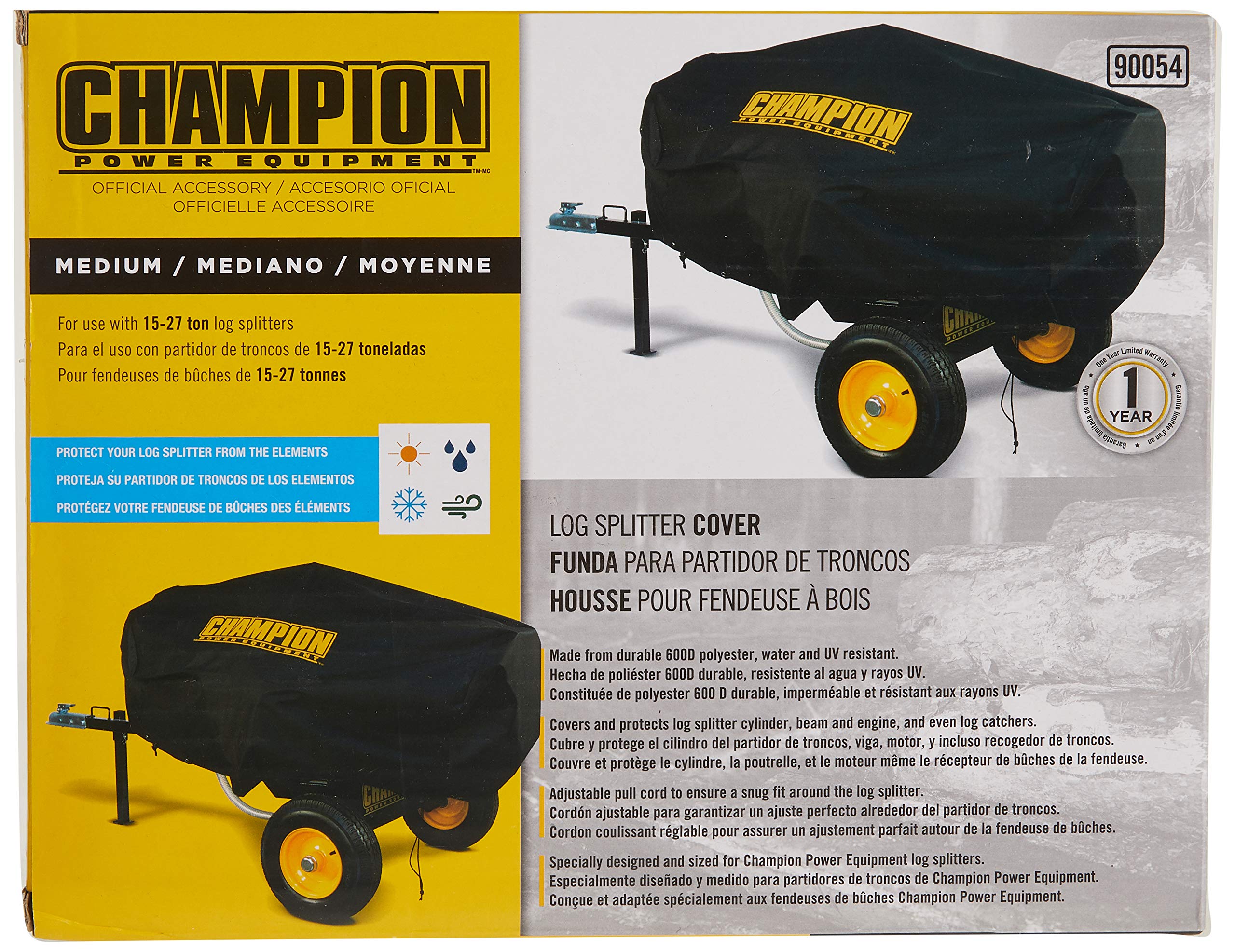 Champion log splitter cover shown from the front, secured with adjustable drawstring