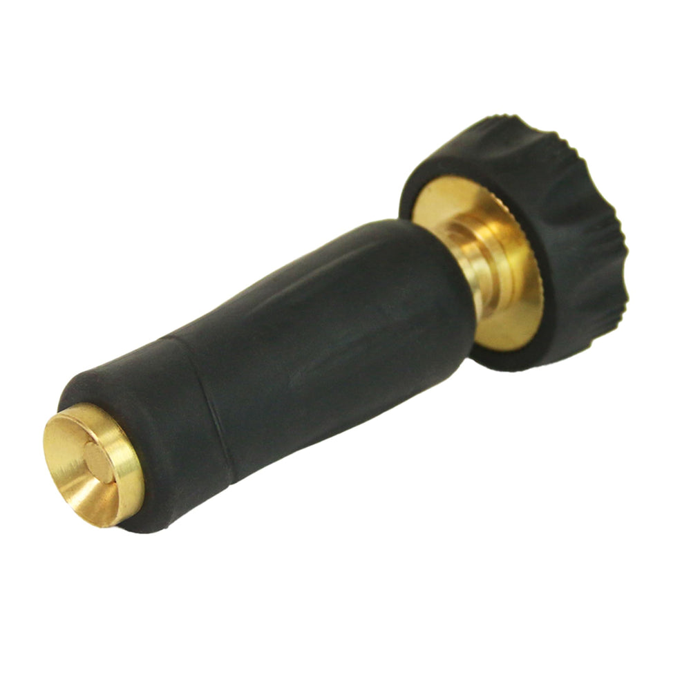 CHAPIN Brass Twist Hose Nozzle front view with black rubber grip