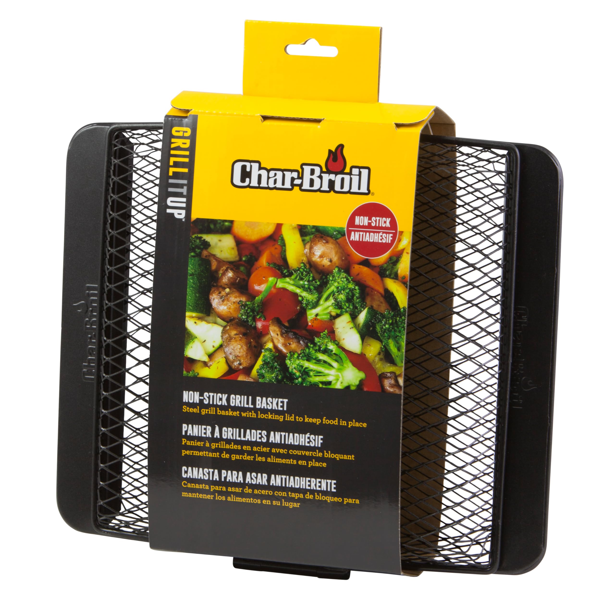 Charbroil Non-Stick Grill Basket filled with vegetables on grill