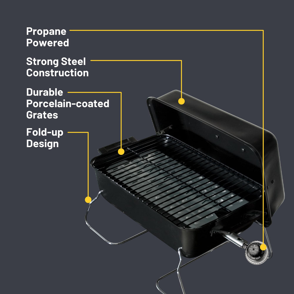 Charbroil Portable Gas Grill dimensions displayed next to a measuring tape