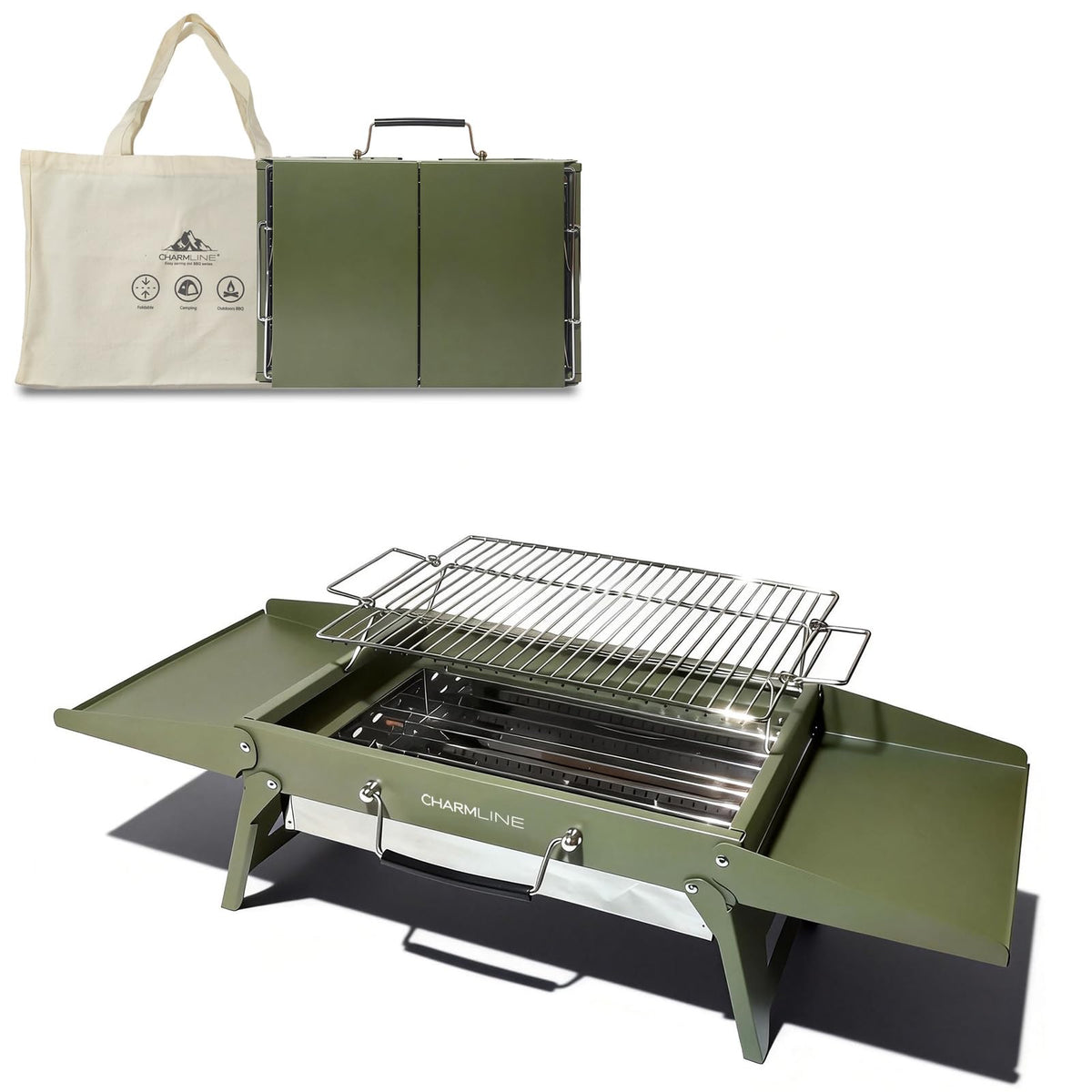 Charmline Portable Charcoal BBQ Grill 15x11 inches in green, front view