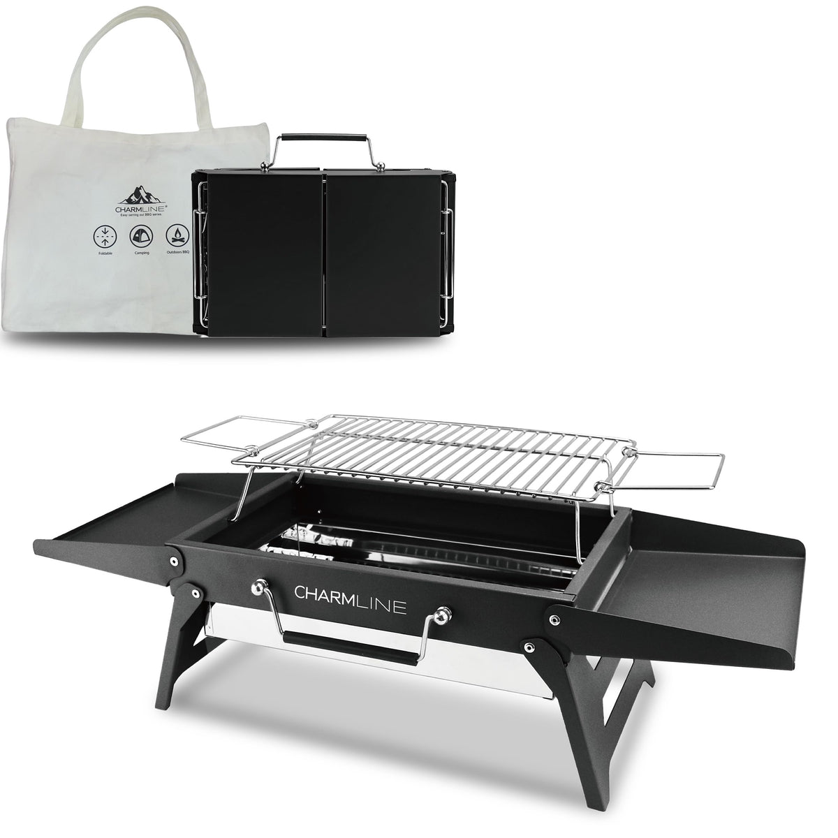 Charmline Portable Charcoal Grill front view, black color