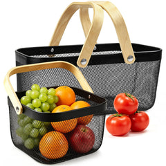 Cheardia Picnic Baskets 2 Pack, black metal mesh design with wooden handles