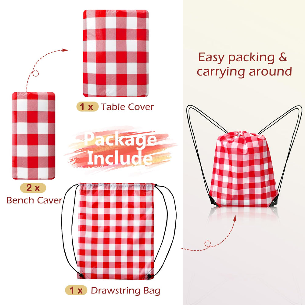 Checkered design of Nimalpal Picnic Table Cover on a table