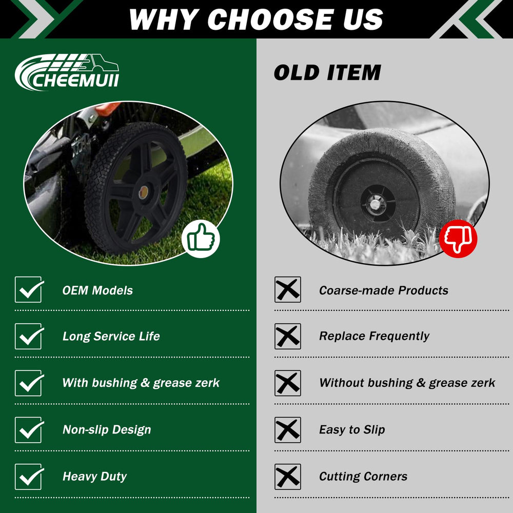 CheeMuii 10-inch wheels installed on a push mower