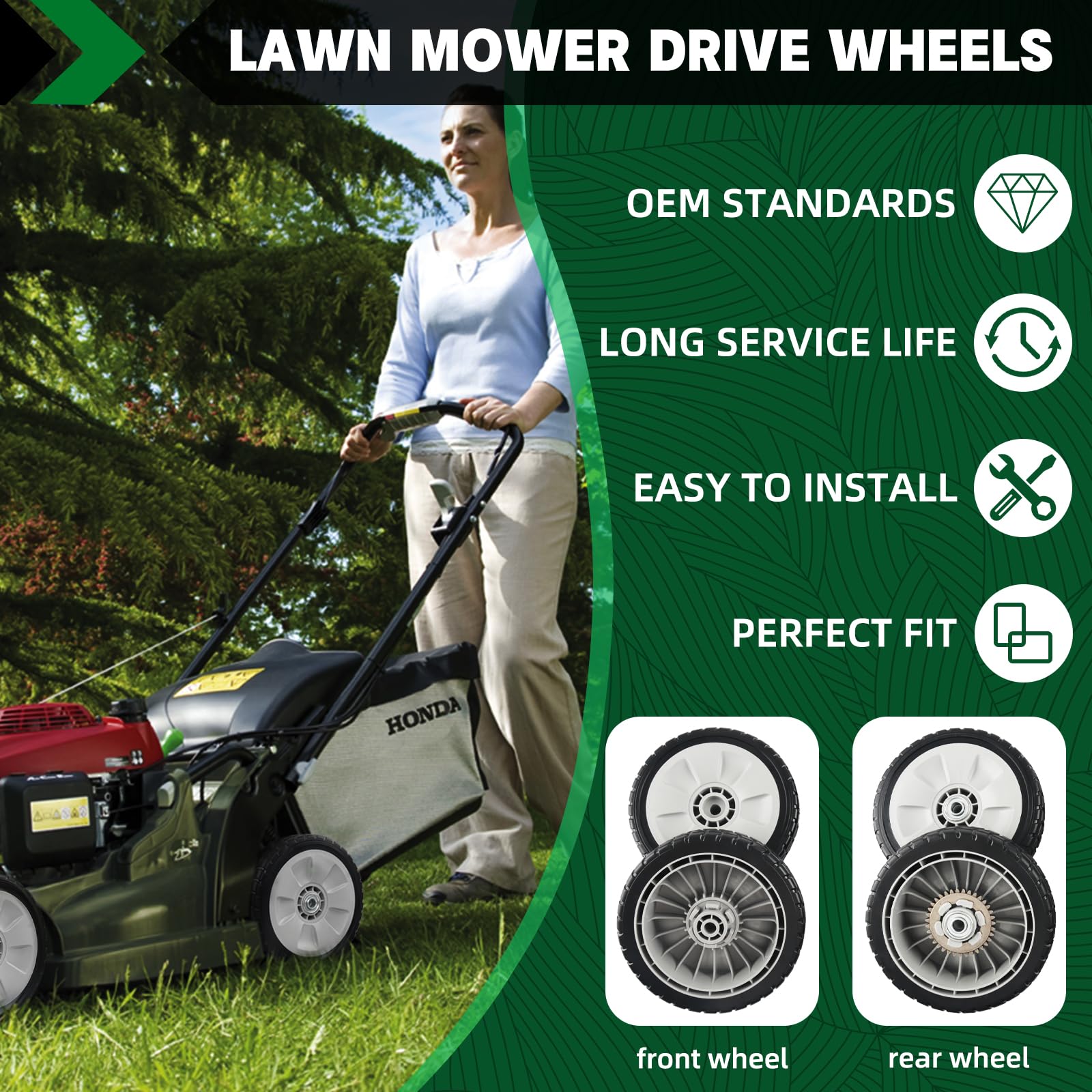 CheeMuii lawn mower wheel dimensions showing size