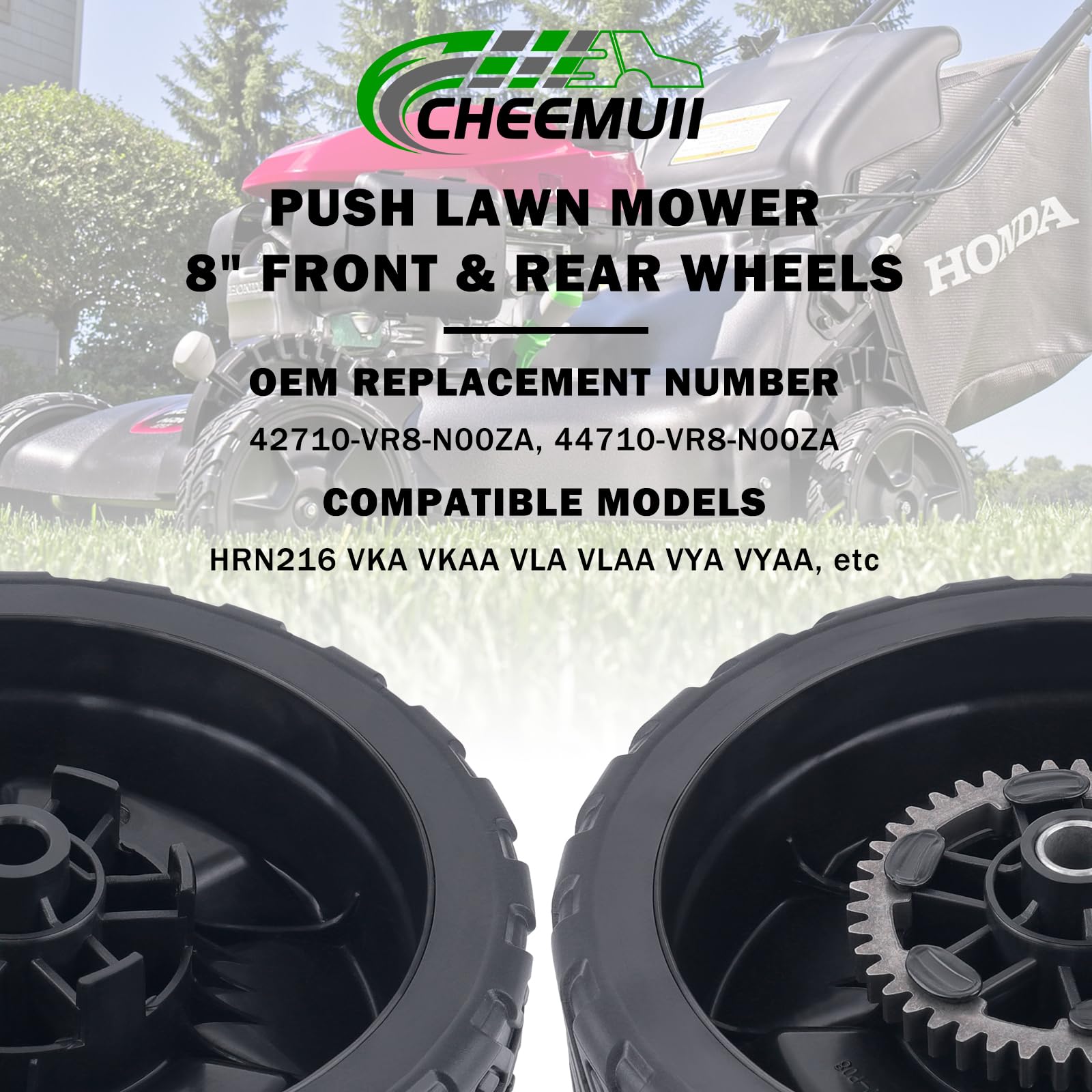CheeMuii lawn mower wheels displayed with compatible model list