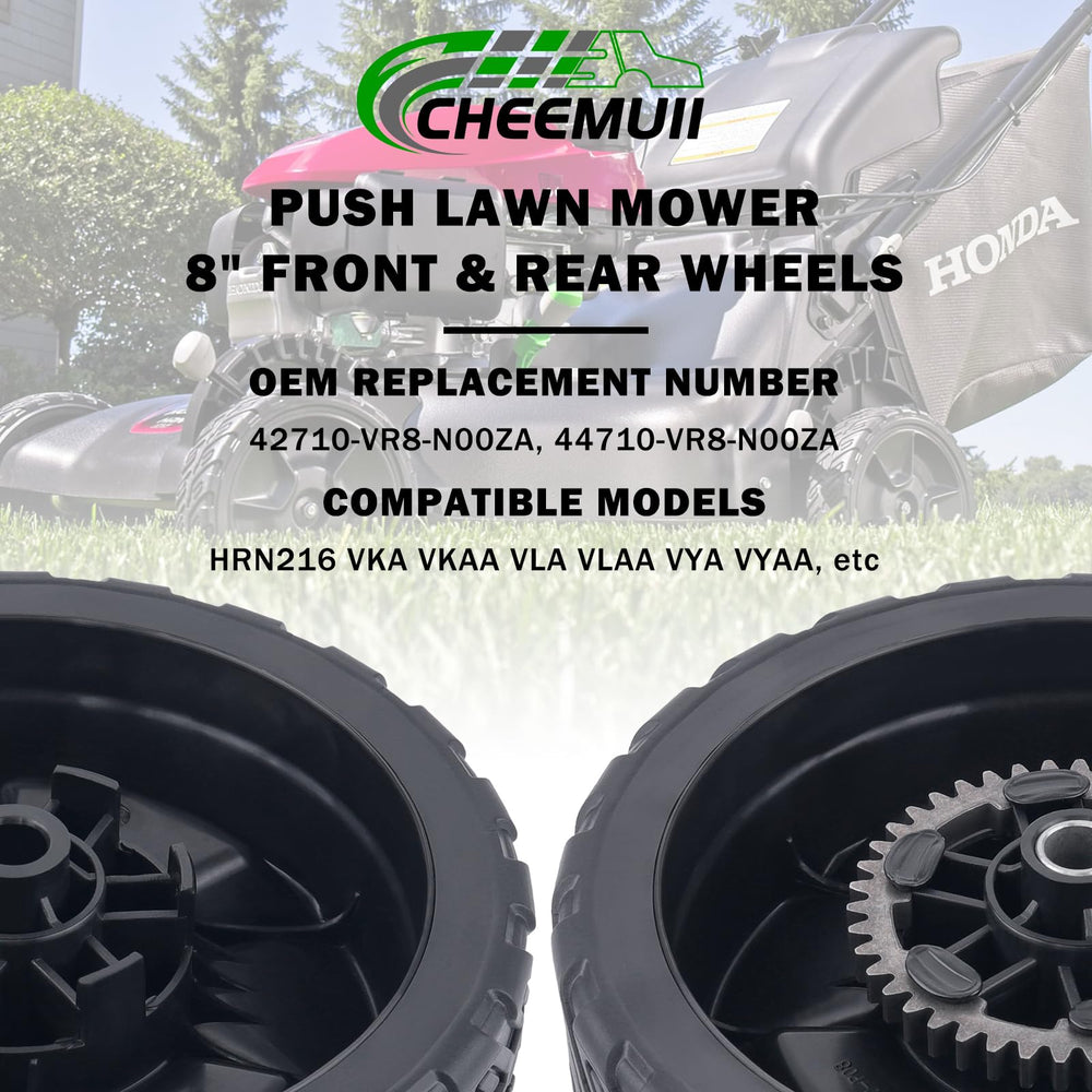 CheeMuii lawn mower wheels displayed with compatible model list