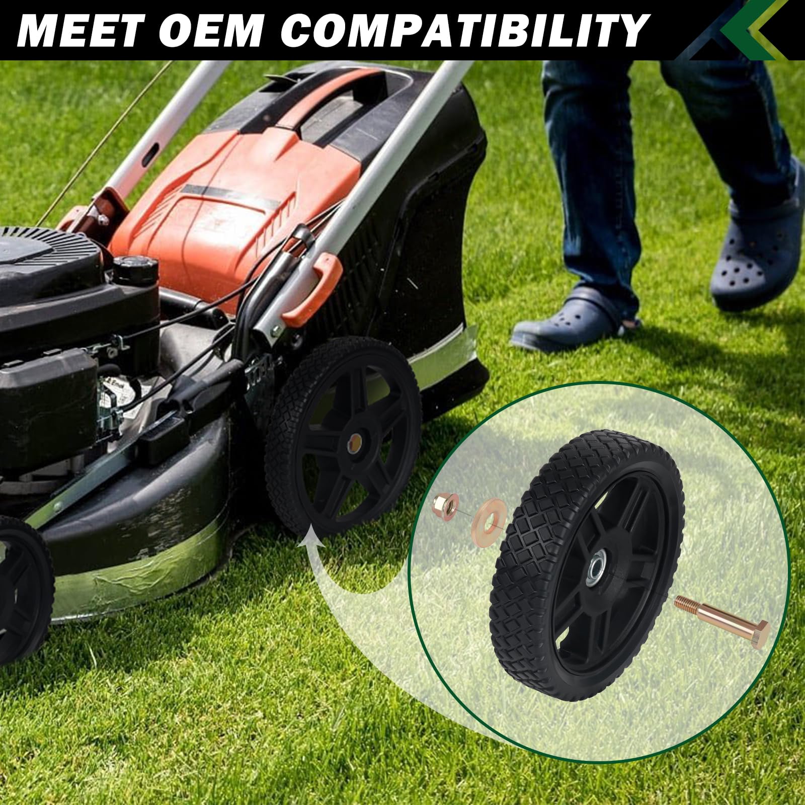 CheeMuii lawn mower wheels in a garden setting