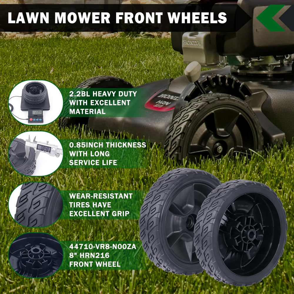 CheeMuii lawn mower wheels showing diameter and bore specifications