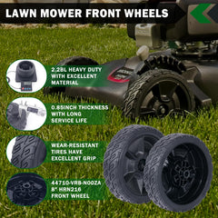 CheeMuii lawn mower wheels showing diameter and bore specifications