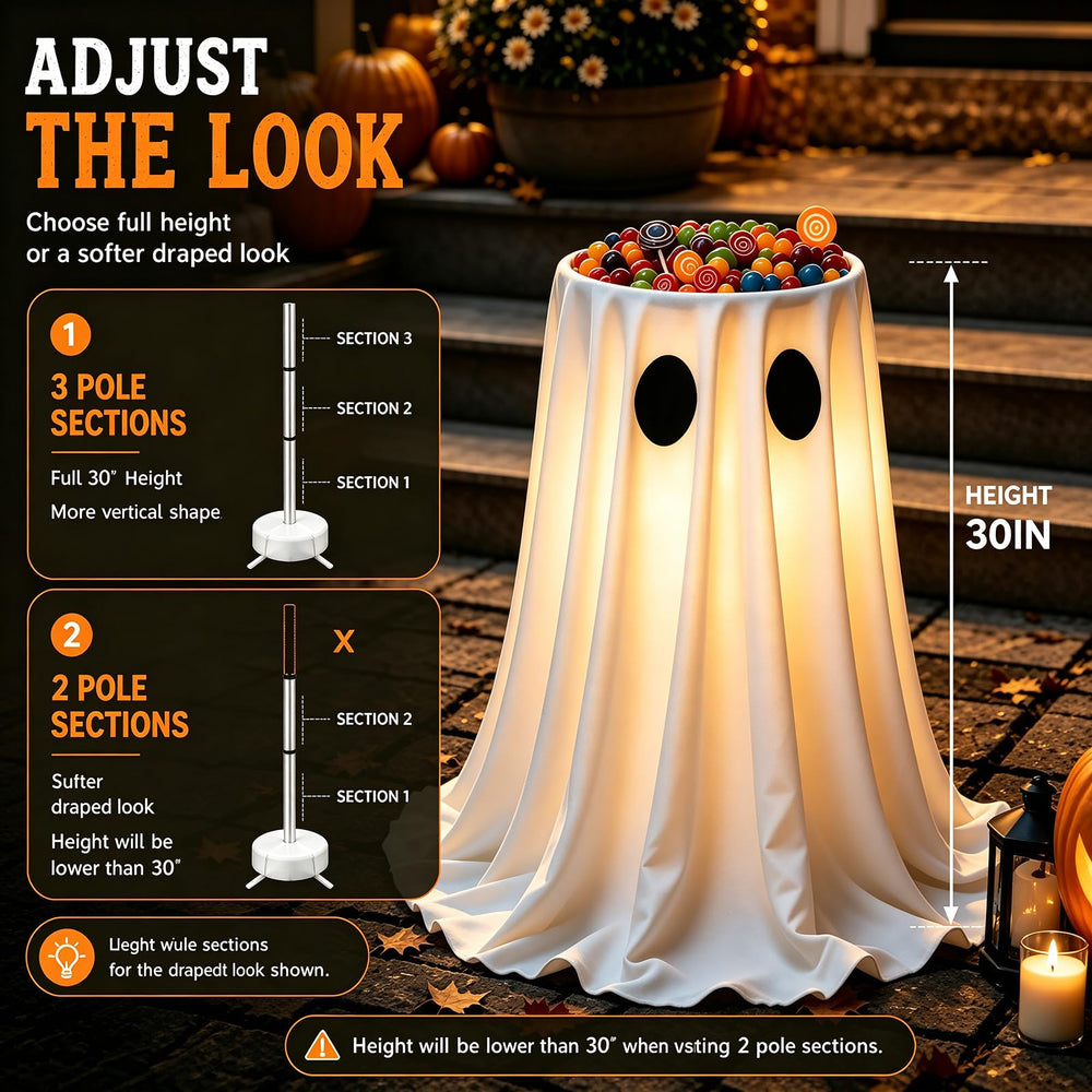 CheerBloom ghost candy bowl stand with LED lights at night