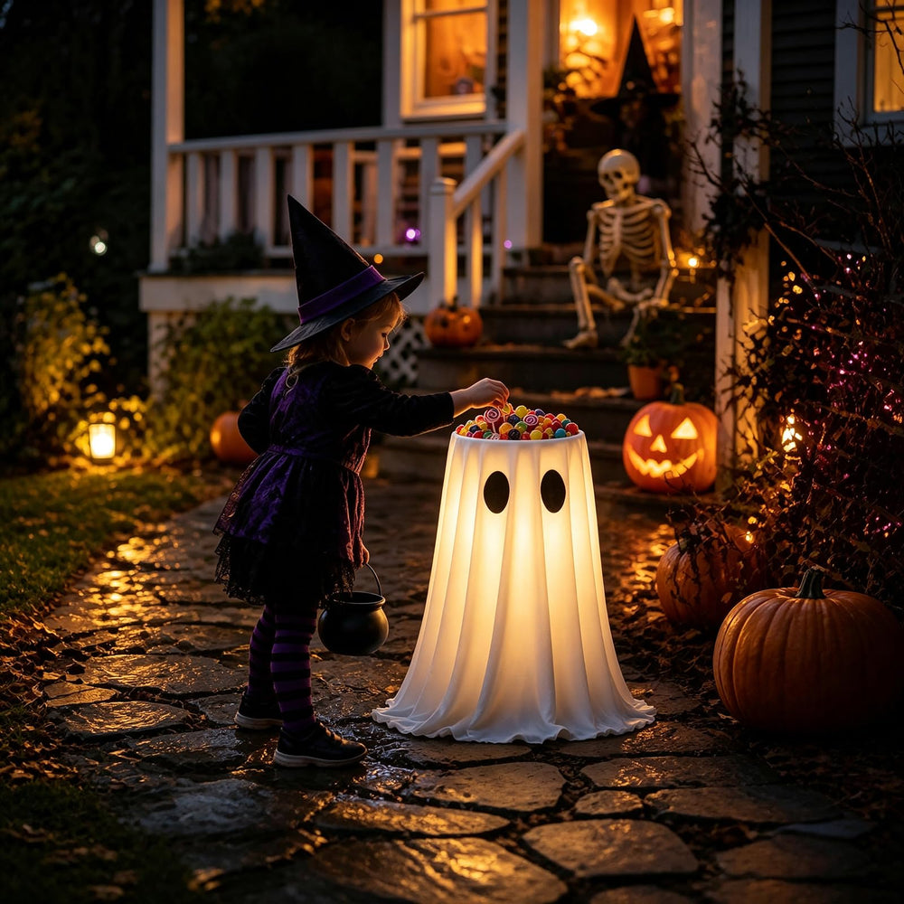 CheerBloom glowing ghost candy bowl stand filled with candy