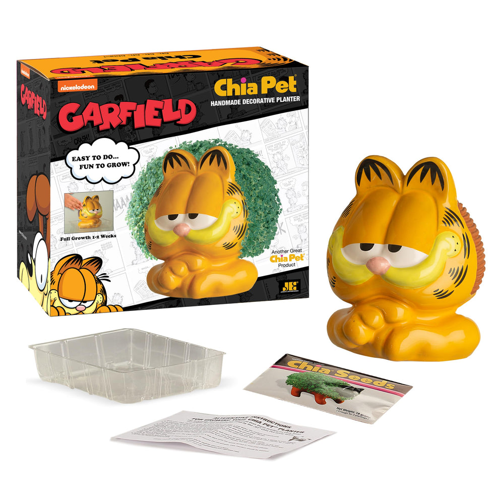 Chia Garfield planter with drip tray and planting instructions