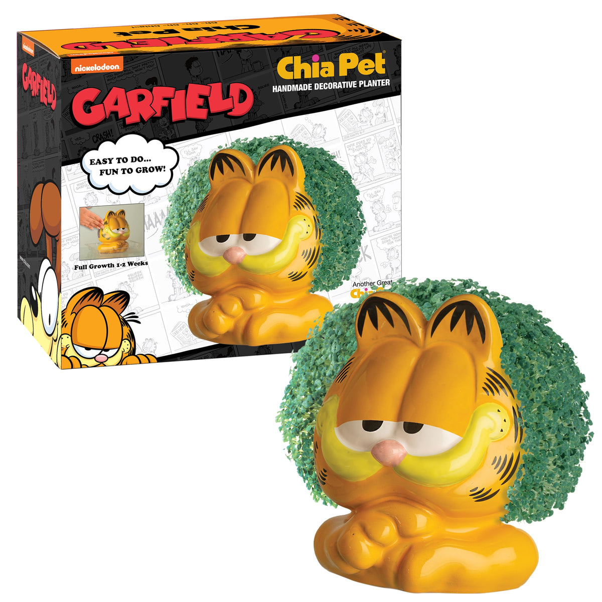 Chia Garfield terracotta planter front view with chia seeds