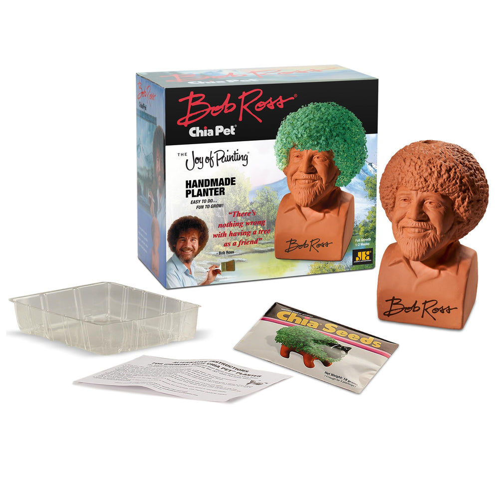 Chia Pet Bob Ross ceramic planter in packaging