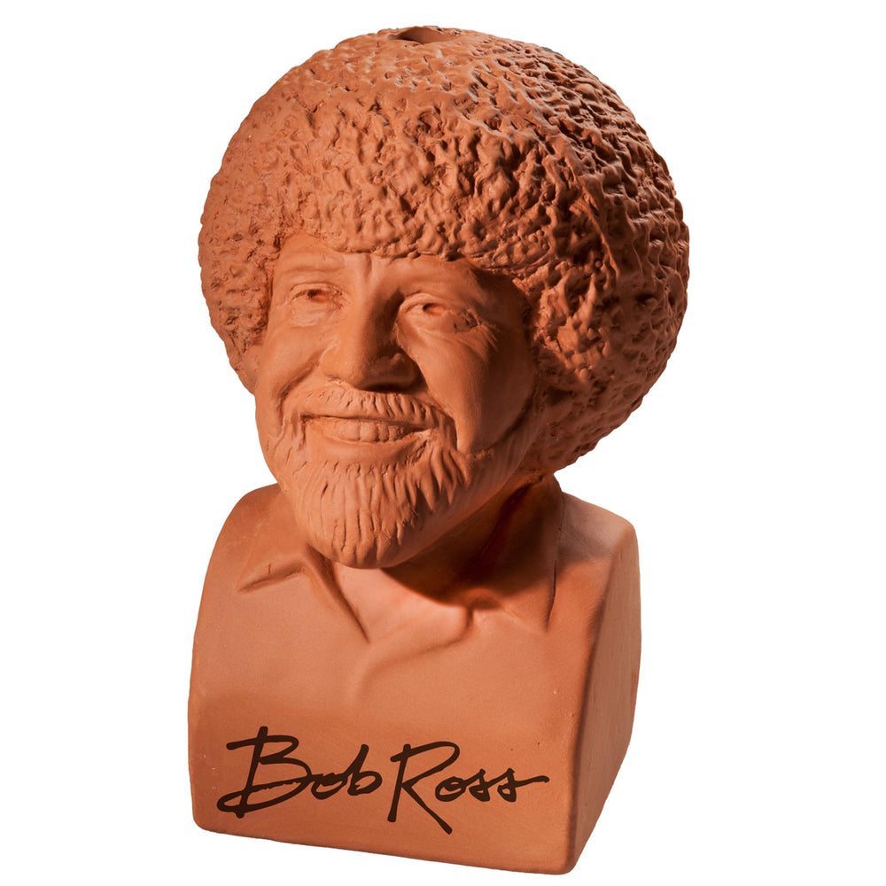 Chia Pet Bob Ross with green chia growth side view