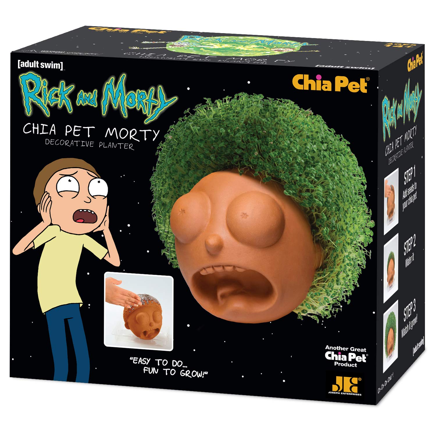 Chia Pet Morty with chia seeds in a kitchen setting