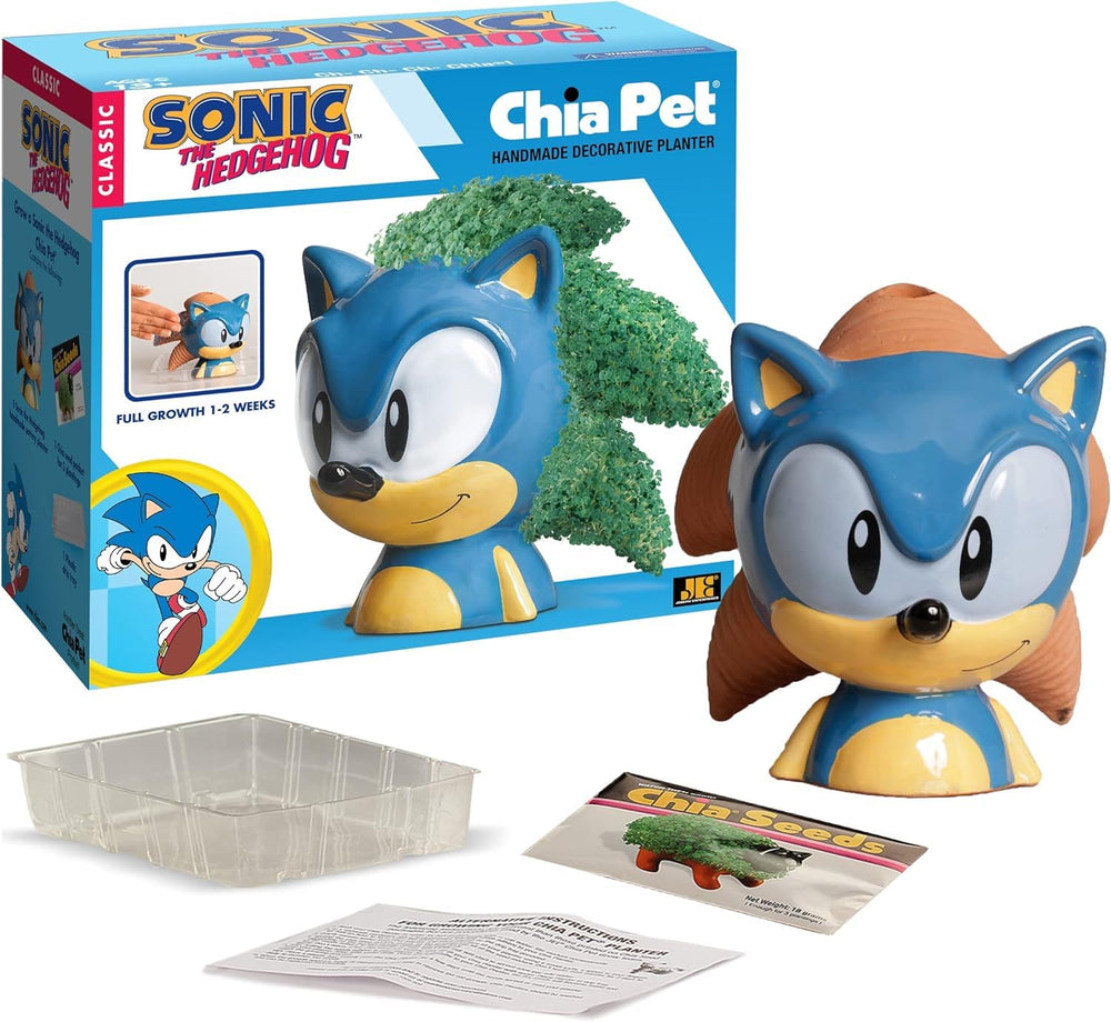 Chia Pet Sonic the Hedgehog planter in a kitchen setting