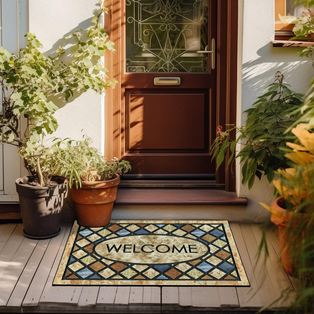 CHICHIC Blue Door Mat featuring non-slip rubber backing
