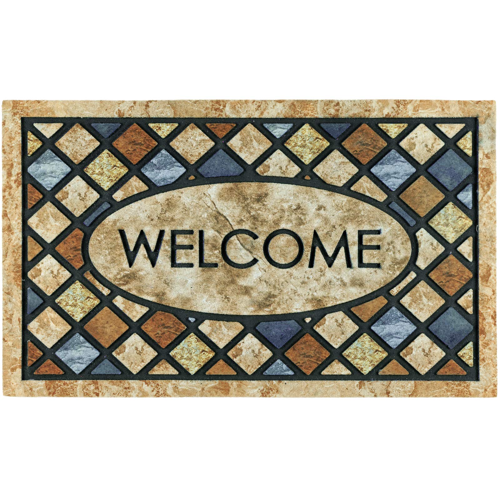 CHICHIC Blue Welcome Door Mat front view, 17x30 inches