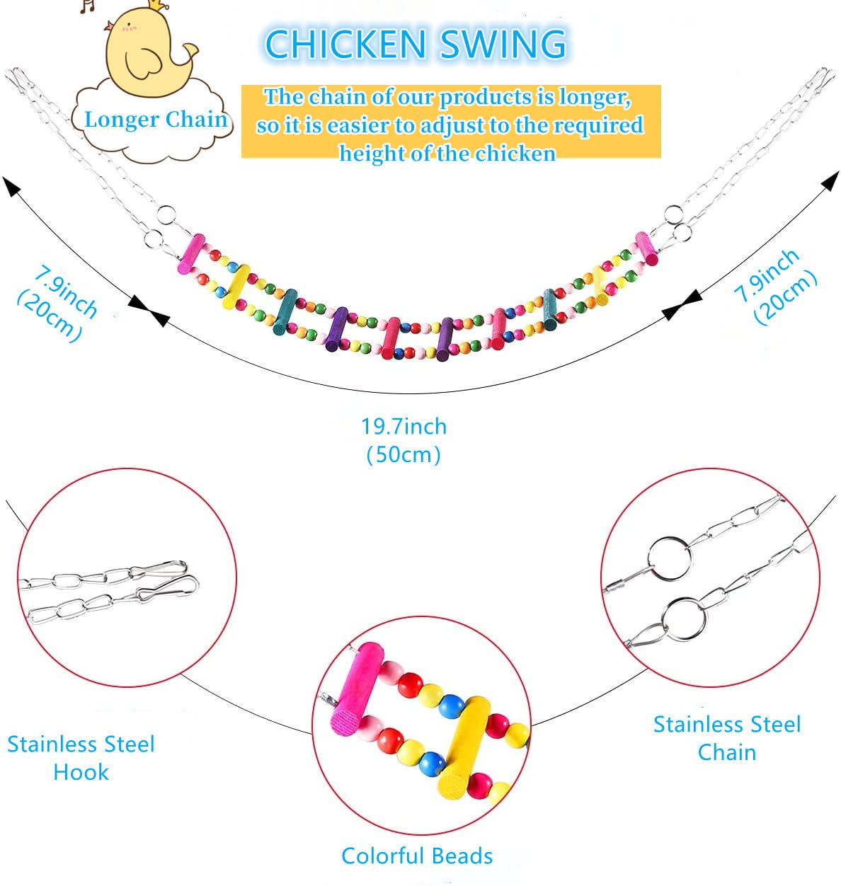 Chicken swing made of natural wood with a rough surface