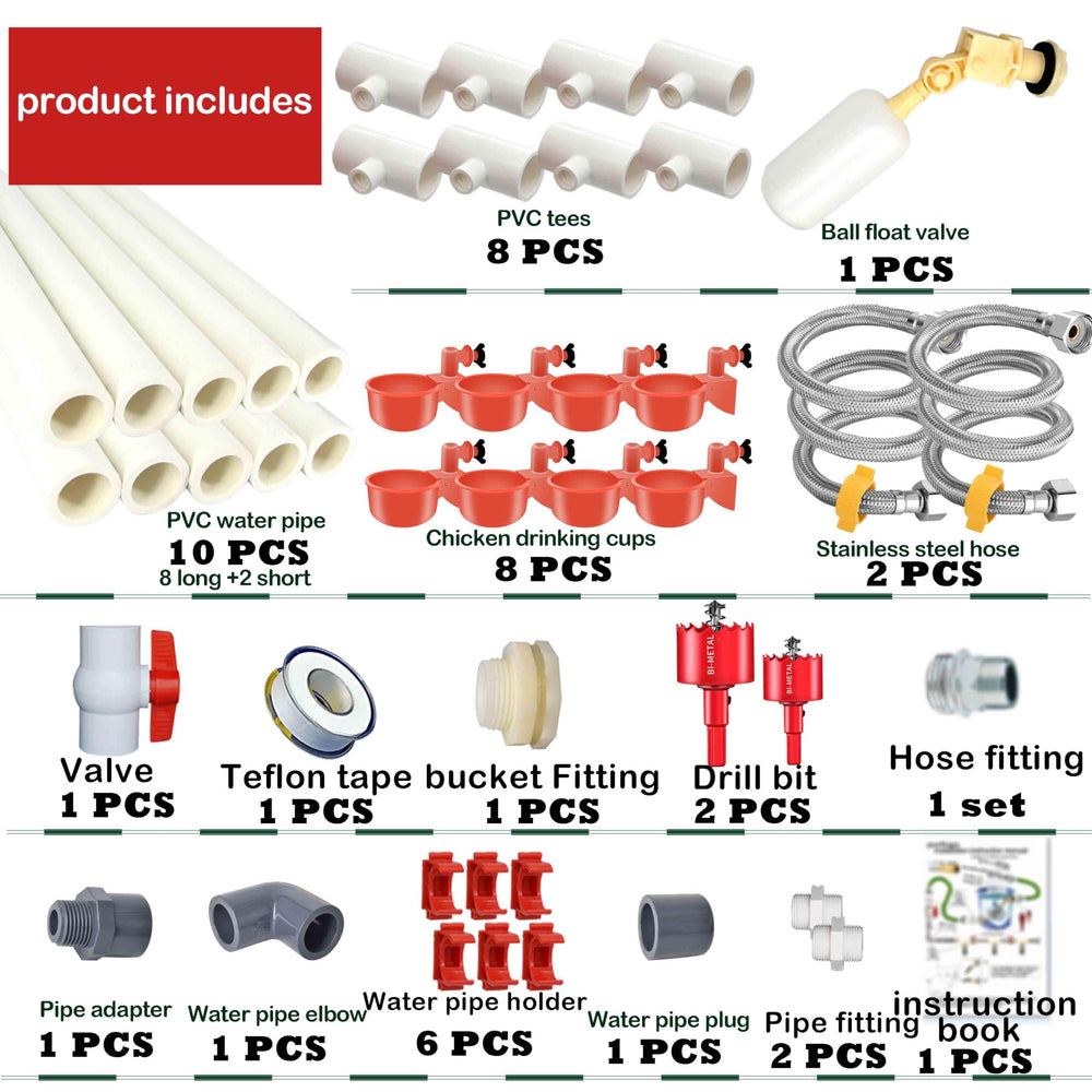Chicken water cups and PVC pipes included in the system
