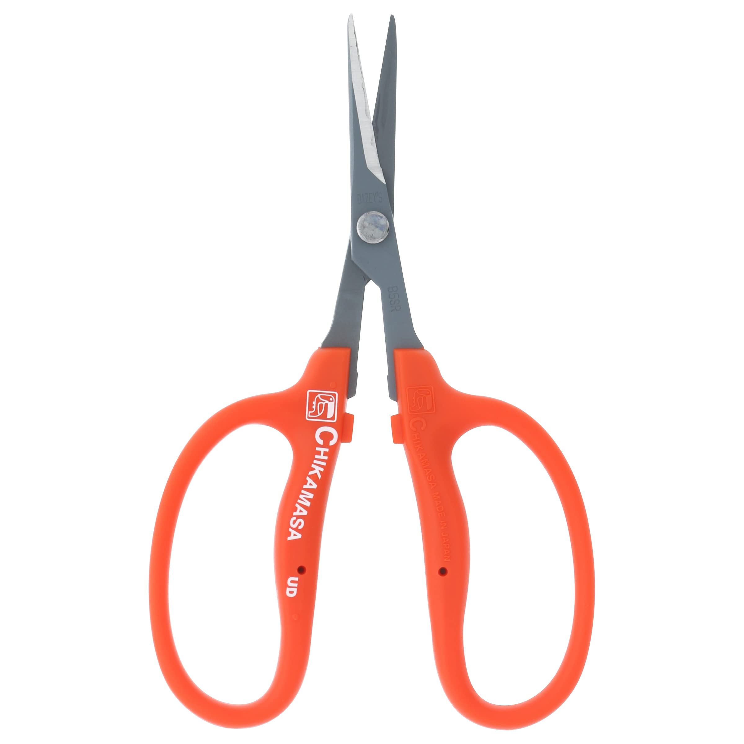 Chikamasa B-500SRF Curved Scissors in packaging showing features