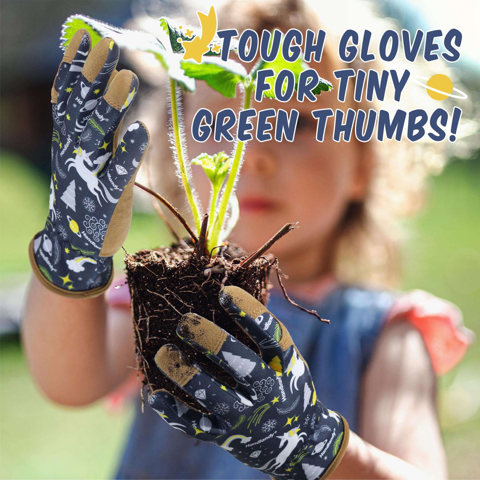 Children using HANDLANDY Kids Leather Gardening Gloves in the garden