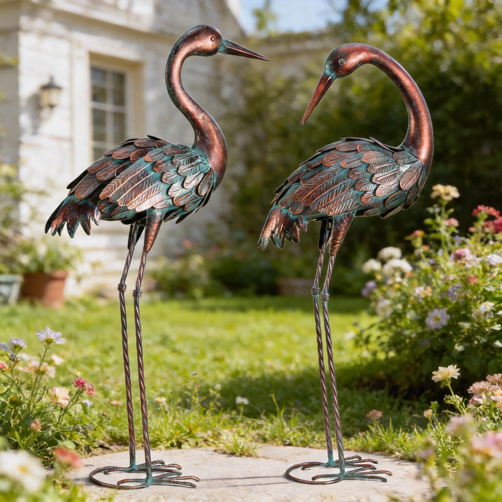 chisheen crane garden statue front view, copper finish