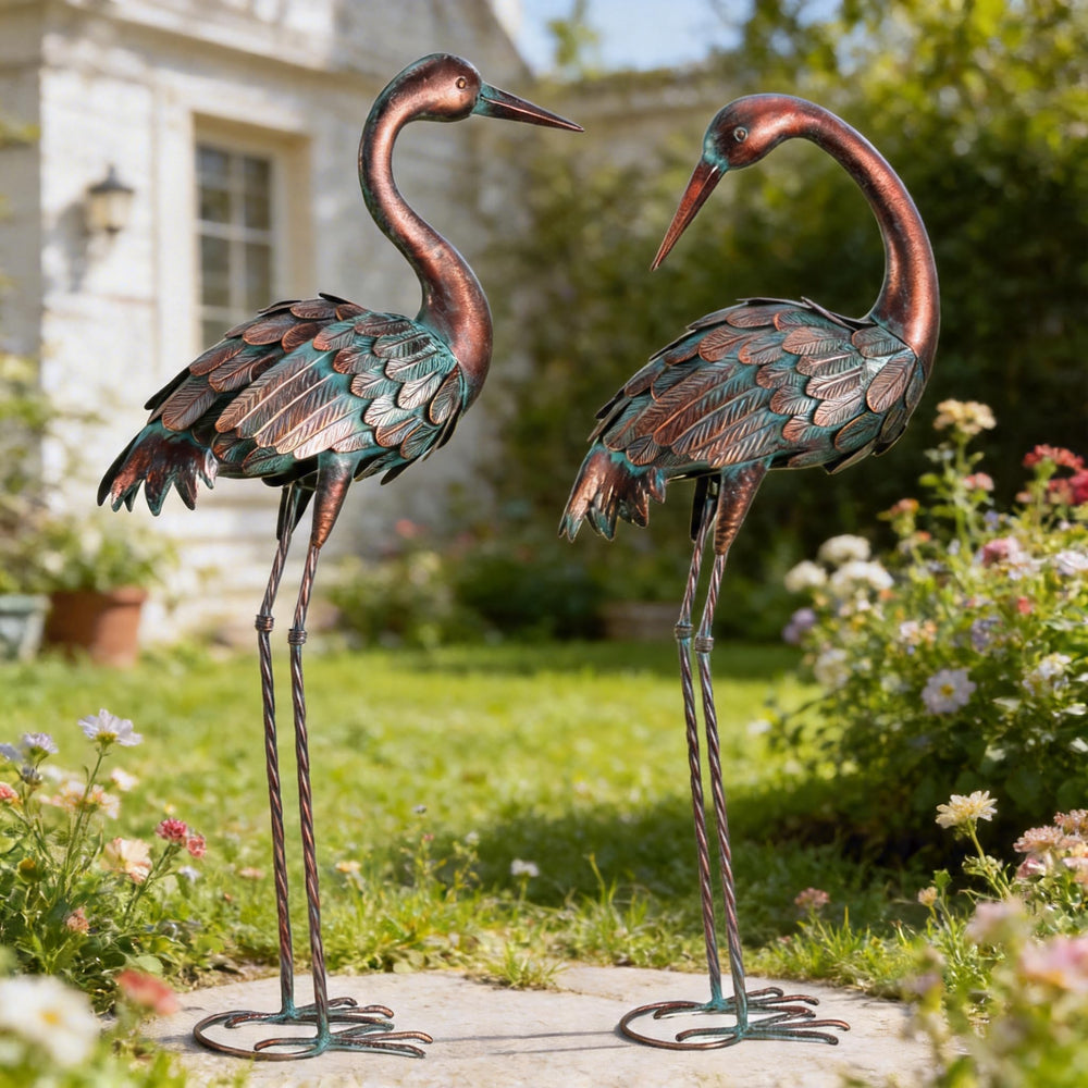 chisheen crane garden statue front view, copper finish