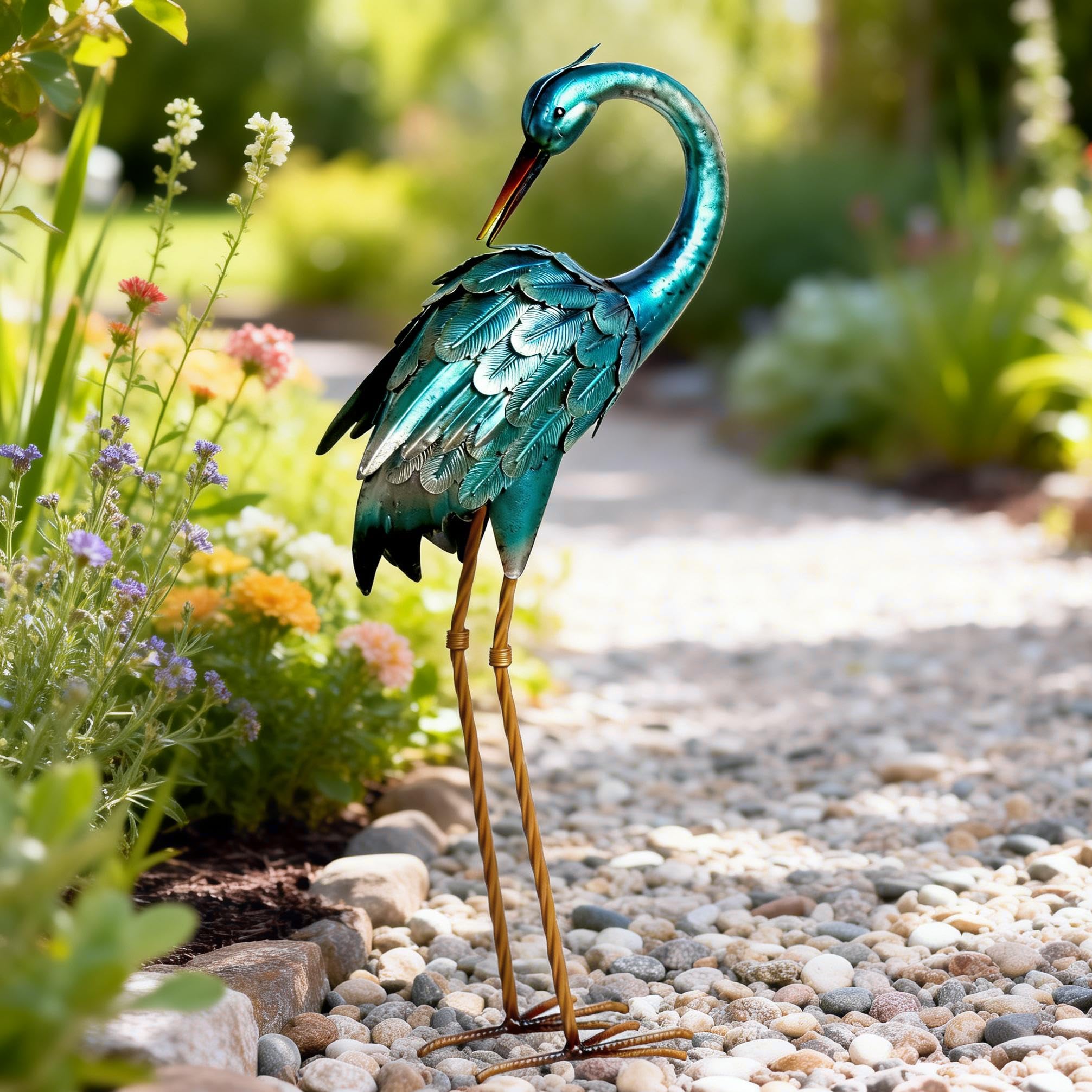 chisheen Crane Garden Statue in garden setting beside pond