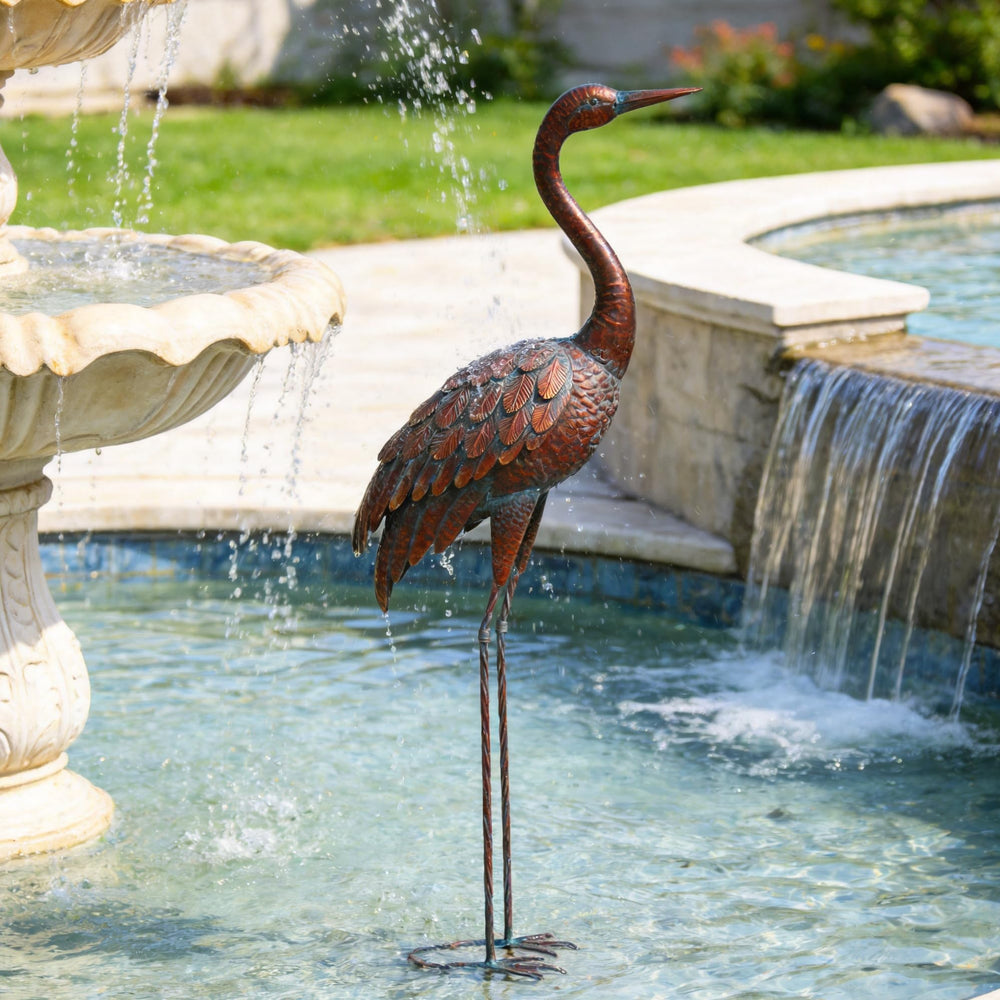 chisheen Outdoor Garden Crane Statue front view with bronze patina finish