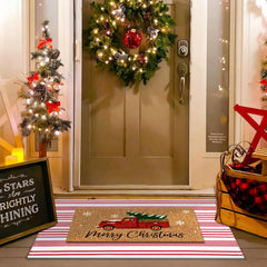 Christmas doormat on a porch with festive decor