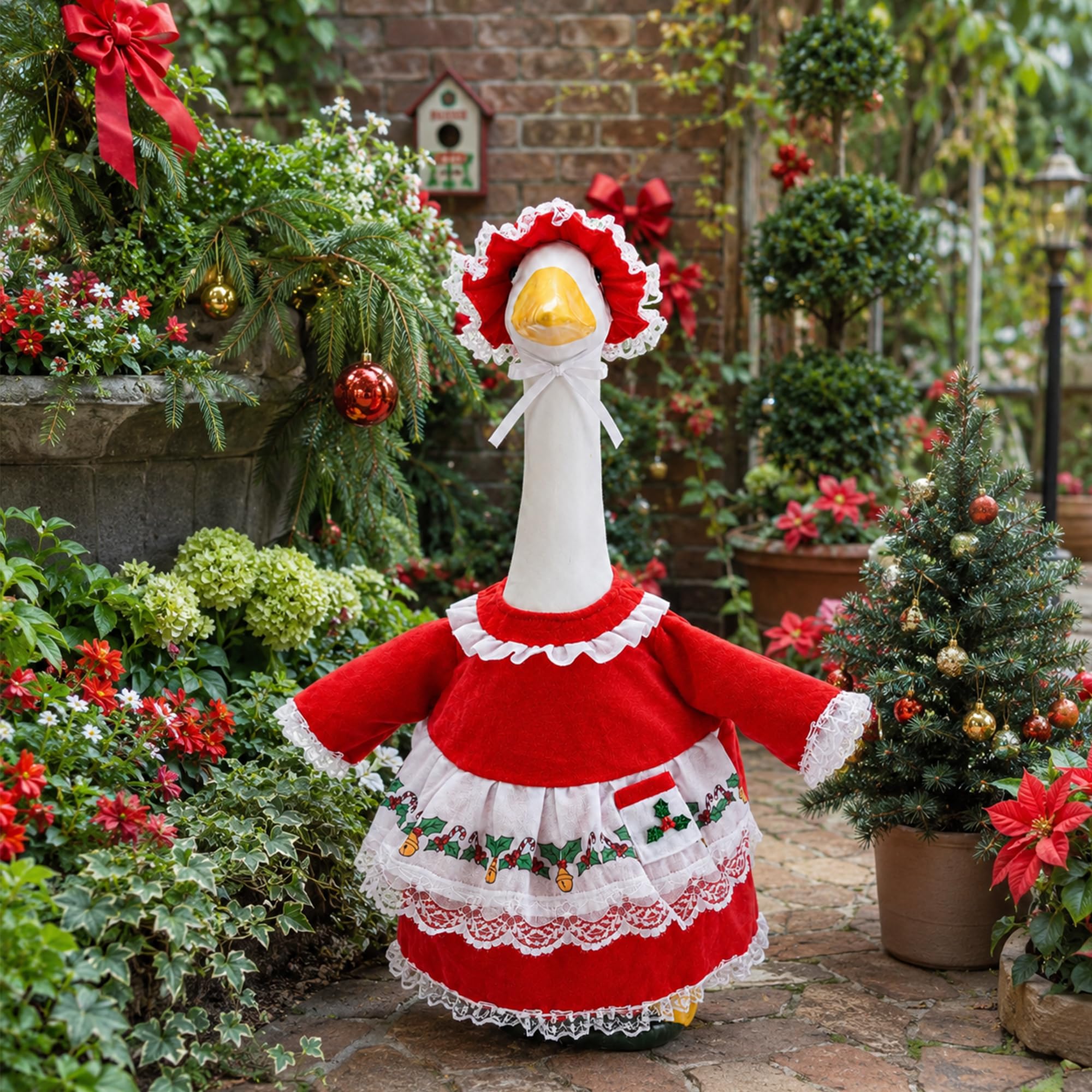 Christmas Goose Outfit displayed in a garden setting