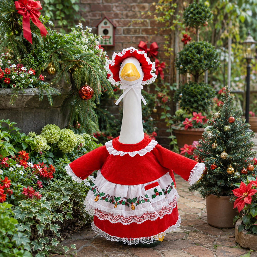 Christmas Goose Outfit displayed in a garden setting
