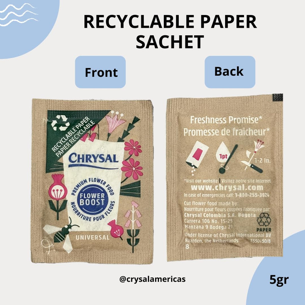 Chrysal flower food packets arranged on a wooden table