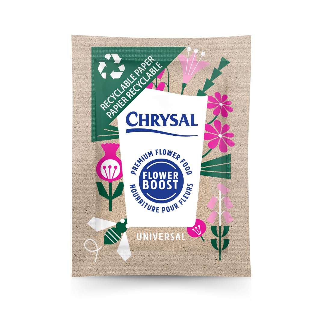 Chrysal recyclable paper flower food packets front view, 25 ct, 5 g each