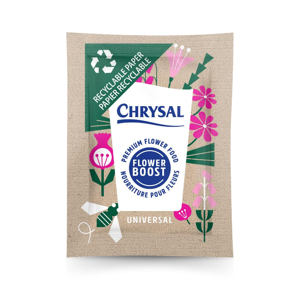 Chrysal recyclable paper flower food packets front view, 25 ct, 5 g each