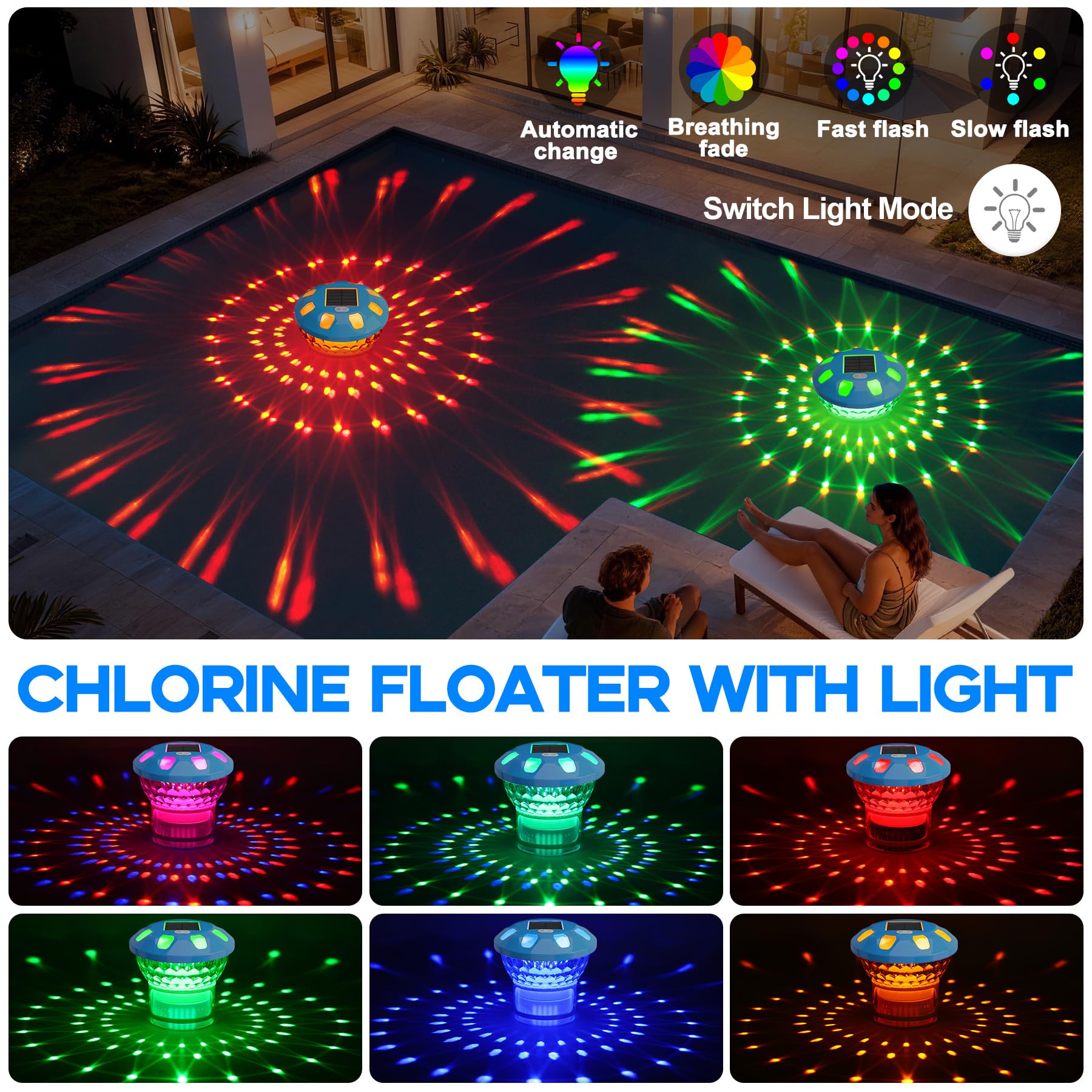 Chsuiwe Pool Chlorine Floater in water with colorful lights