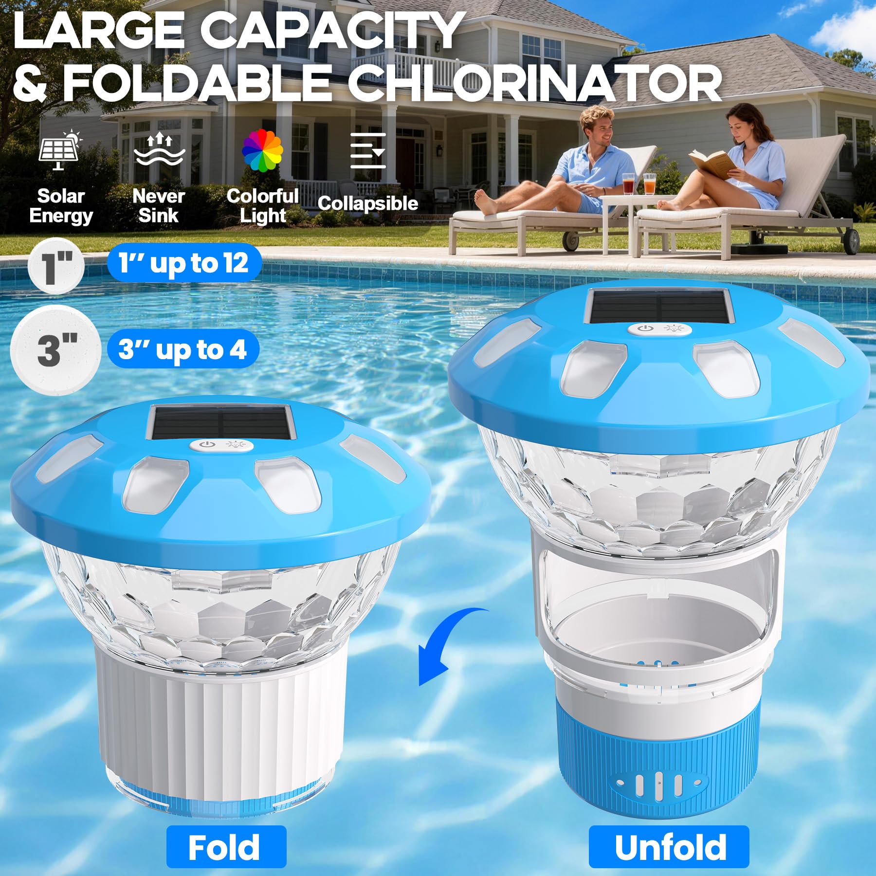 Chsuiwe Pool Chlorine Floater, side view with light modes