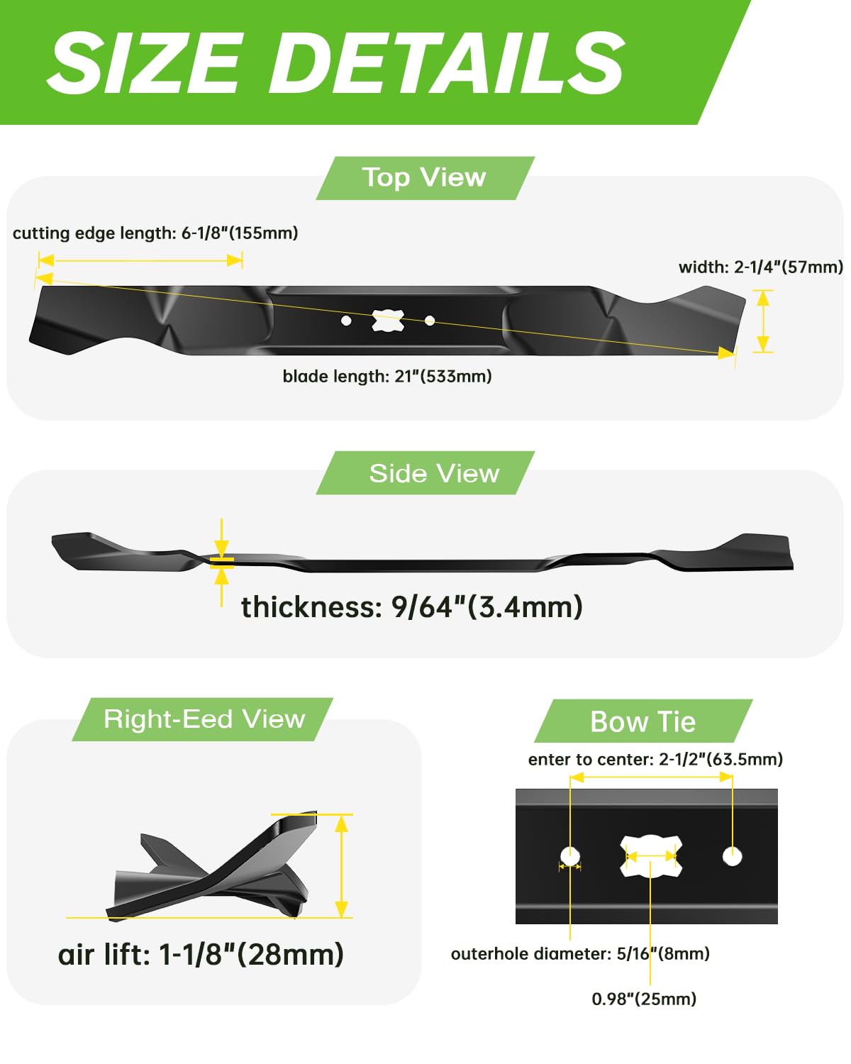 Chway lawn mower blade side view with specifications