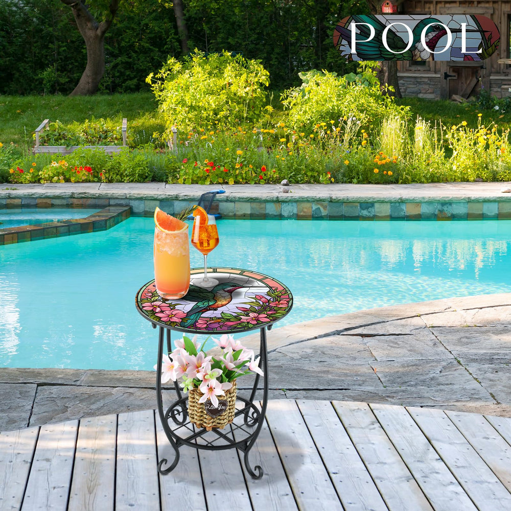 Cinnvoice Outdoor Side Table close-up of hummingbird design