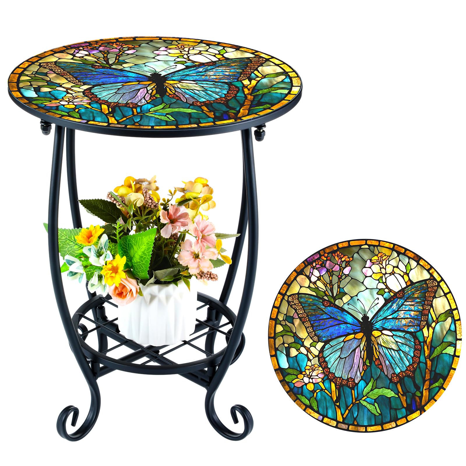 Cinnvoice Outdoor Side Table front view with butterfly pattern