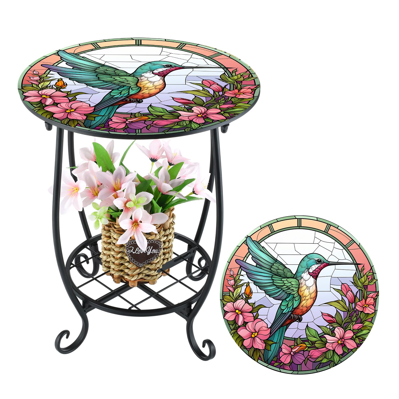 Cinnvoice Outdoor Side Table front view with hummingbird pattern